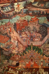 Detail der Wandgemälde von Viharn laikam, die die Sang Thong Geschichten darstellen